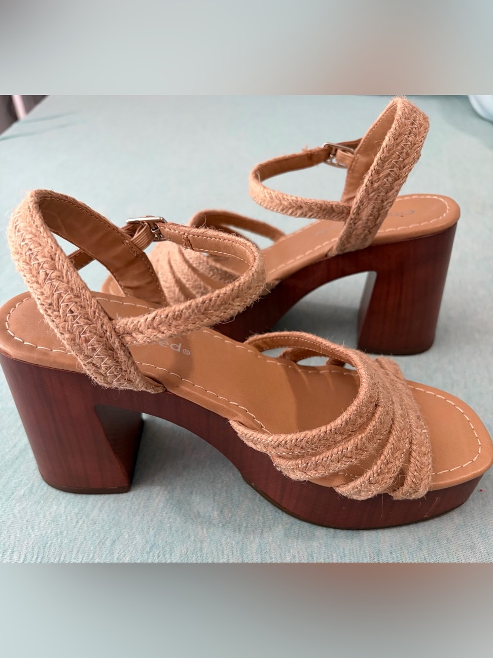 City Classified Tan Braided Platform Block Heels